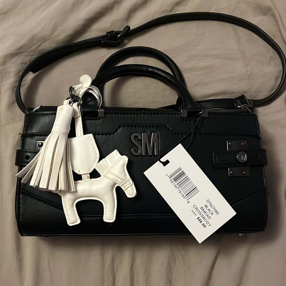 Steve Madden Black Purse with Detachable White Horse Charm & crossbody strap